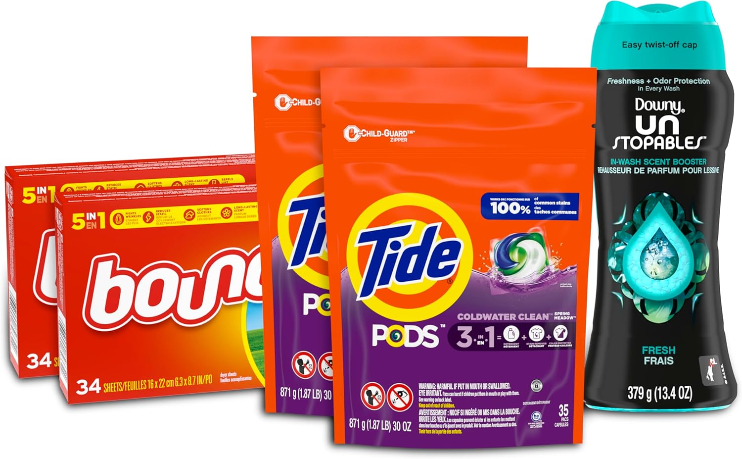 Tide Pods Liquid Laundry Detergent Pacs, Downy Unstopable Scent Beads and Bounce Dryer Sheets, Better Together Bundle
