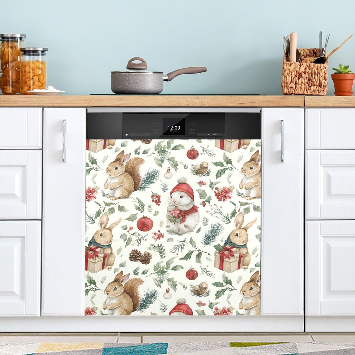 Pfrewn Christmas Winter Magnetic Dishwasher Cover Christmas Rabbit Squirrel Balls Fridge Door Covers Kitchen Decal Vinyl Panel Decorative Refrigerator Laundry Appliances 23x26in