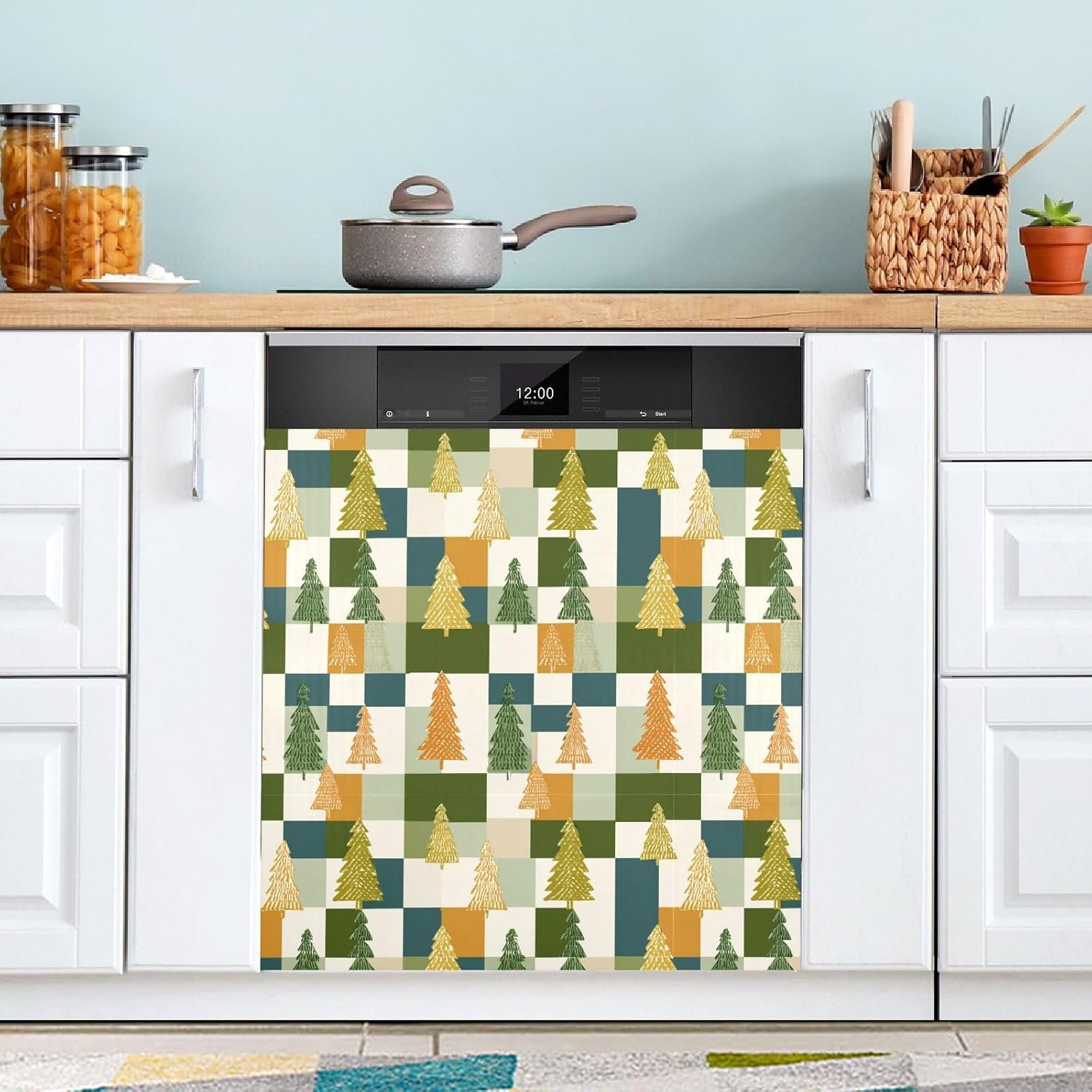 Pfrewn Christmas Winter Magnetic Dishwasher Cover Retro Christmas Trees on Plaid (1) Fridge Door Covers Kitchen Decal Vinyl Panel Decorative Refrigerator Laundry Appliances 23x26in