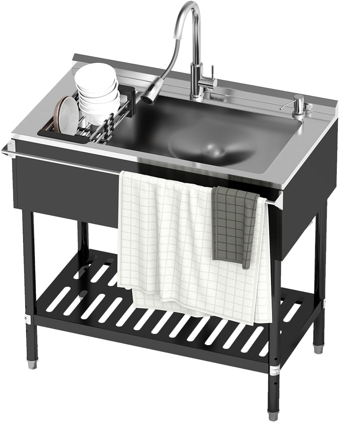 Stainless Steel Utility Sink, 30.8'' Free Standing Single Bowl Sink with Pull-Out Faucet & Cold and Hot Water Pipe & basket, Indoor and Outdoor Sink for Laundry Room, Garage, Kitchen, Black