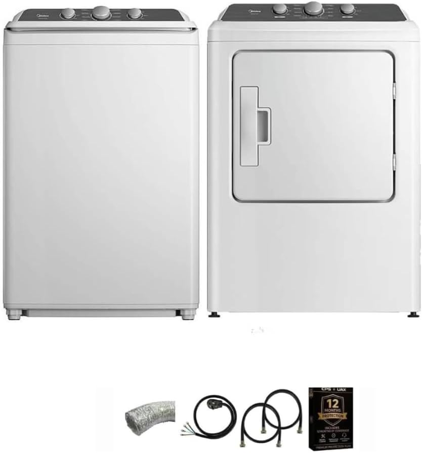 Midea White Top Load Washer and Electric Dryer Laundry Pair Bundle 4.1 Cu Ft Washer 7 Cu Ft Dryer with Vent Power Cord and 12 Month CPS Protection Plan (White)