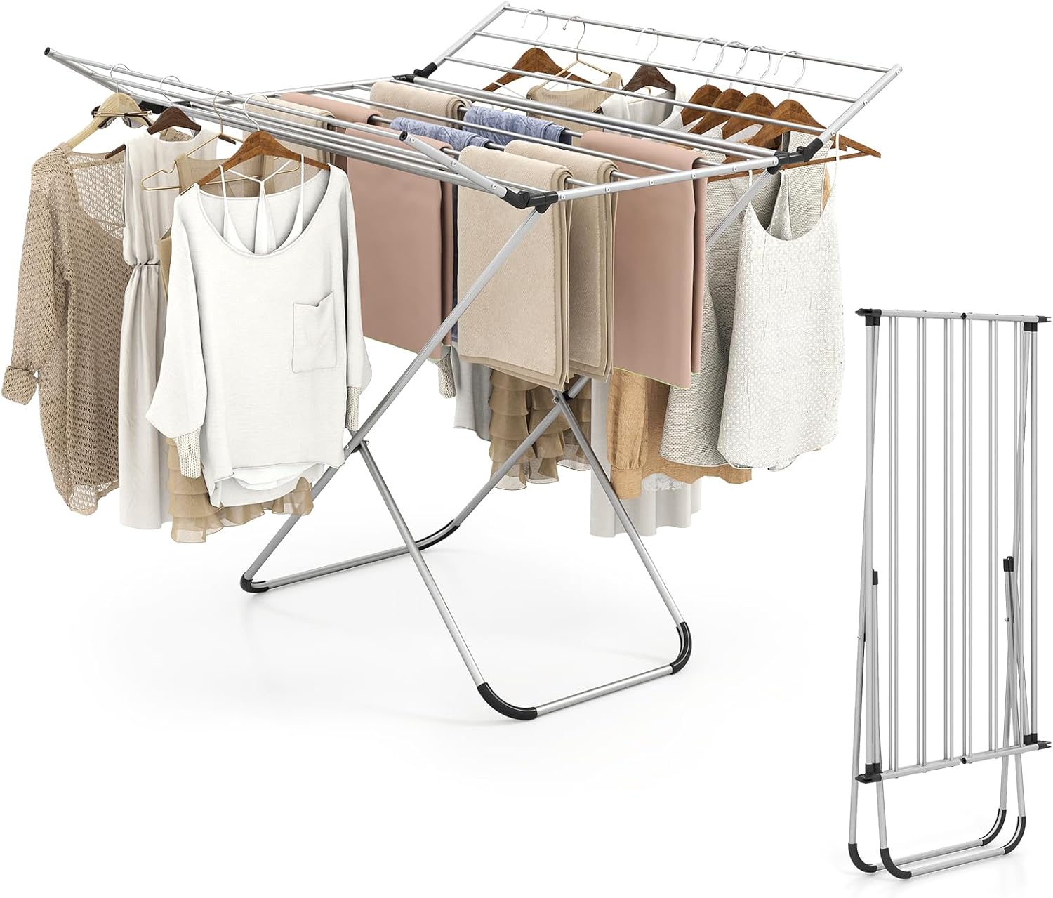 Giantex Folding Clothes Drying Rack, Freestanding Aluminum Laundry Drying Rack with 2 Side Wings, Portable Space-Saving Clothing Airer for Indoor Outdoor Use