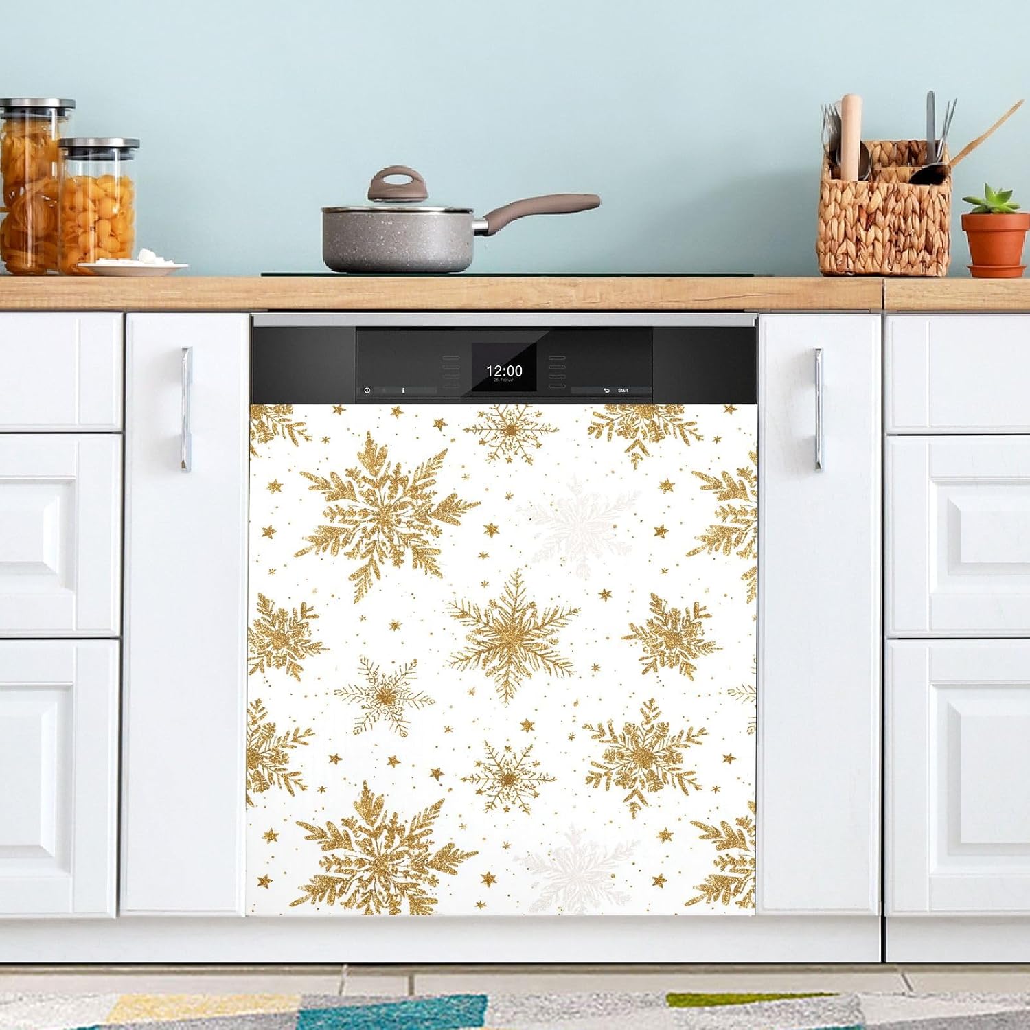 Pfrewn Christmas Winter Magnetic Dishwasher Cover Gold Snowflakes and Stars on White (1) Fridge Door Covers Kitchen Decal Vinyl Panel Decorative Refrigerator Laundry Appliances 23x26in