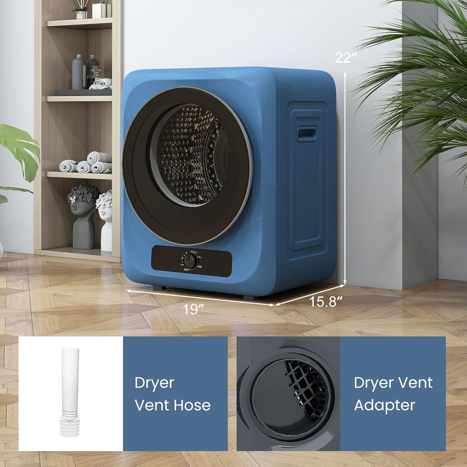 Auertech 1.5 Cu.Ft Portable Clothes Dryer, 850 W Front Load Electric Dryer Machine with Stainless Steel Drum, Simple Control Knob, Compact Tumble Dryer for Laundry Apartment, Dorm, RV, Blue