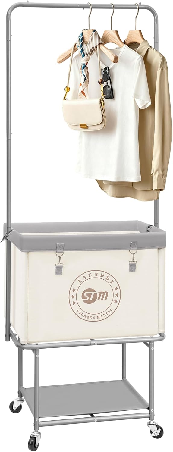 STORAGE MANIAC Rolling Laundry Cart with Hanging Bar & Storage Shelf, 110L Heavy Duty Large Laundry Basket with Clothes Hanging Rod, Study Clothes Hamper with Lockable Wheels, Beige