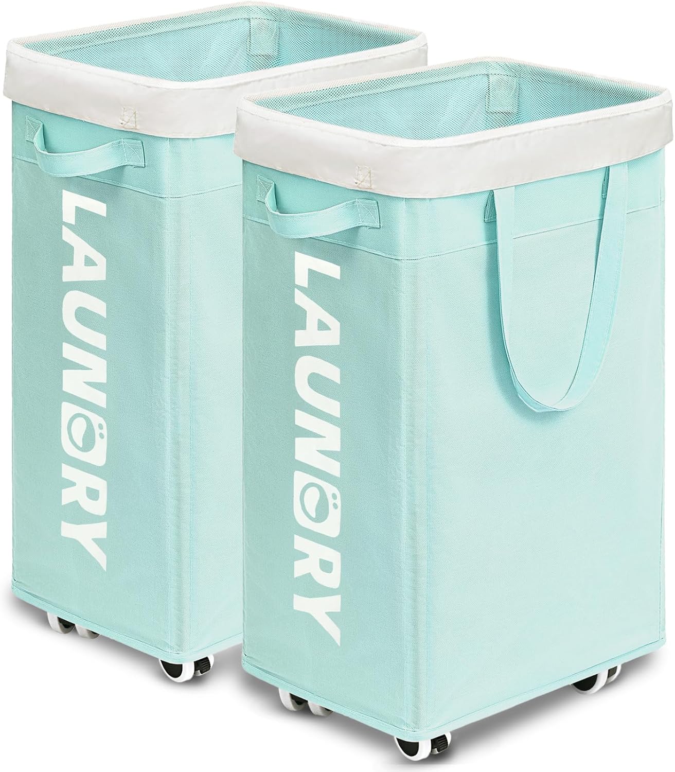 Goodpick Rolling Laundry Basket with Wheels 2-Pack, 75L Large Collapsible Laundry Hamper with Removable Wash Bag Space for living room, Blue