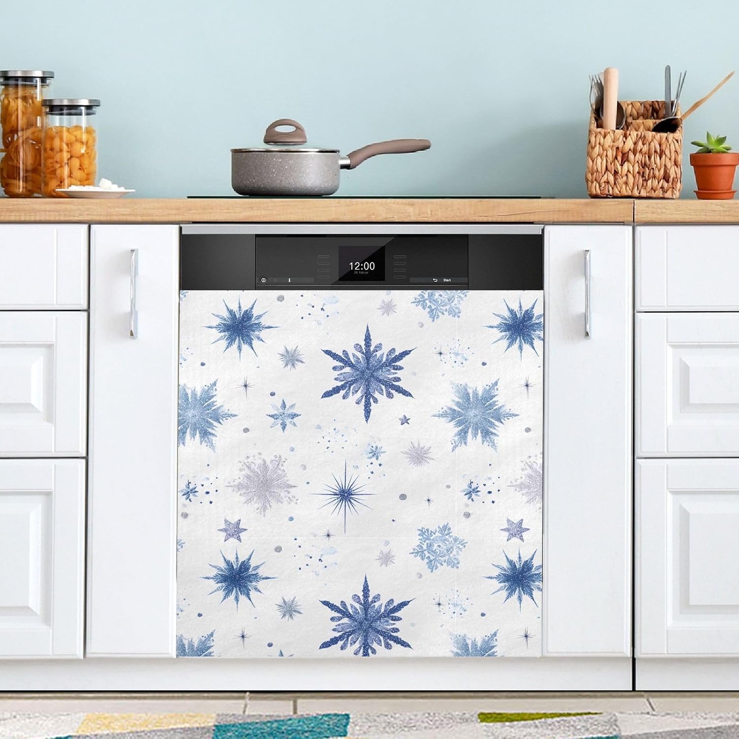 Pfrewn Christmas Winter Magnetic Dishwasher Cover Blue White Snowflakes Christmas Winter Flowers (11) Fridge Door Covers Kitchen Decal Vinyl Panel Decorative Refrigerator Laundry Appliances 23x26in