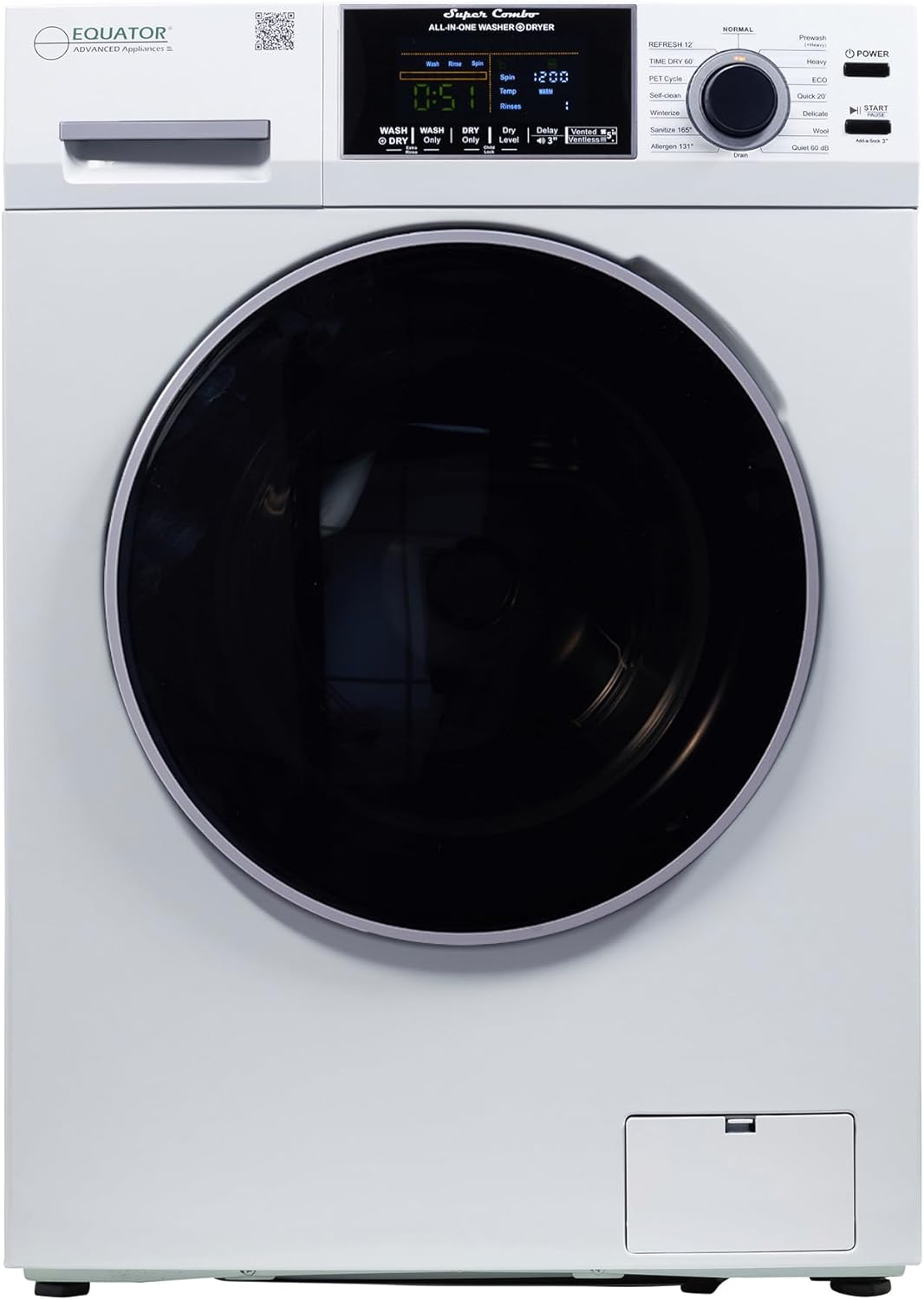 Equator All-in-One 4600 Washer Dryer VENTLESS/VENTED PET Cycle 1.62cf/15lbs 110V in White