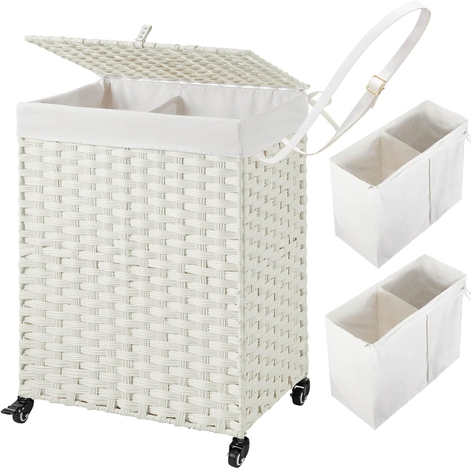 Greenstell Laundry Hamper with Wheels, No Install Needed, 90L Divided Handwoven Hampers & 2 Removable Liner Bags, Rattan Clothes Laundry Basket with Lid & Handles, Foldable Hampers White