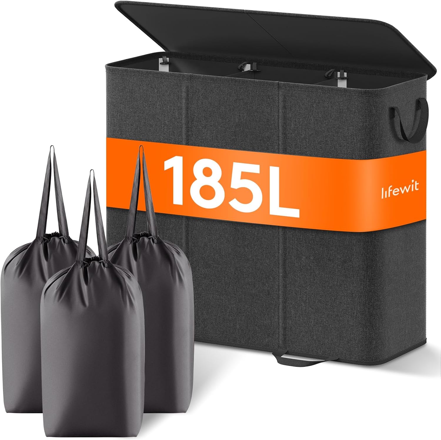 Lifewit Triple Laundry Hamper with Lid and Removable Laundry Bags, Large Collapsible 3 Dividers Dirty Clothes Basket with Handles for Bedroom, Laundry Room, Closet, Bathroom, College, 185L Black