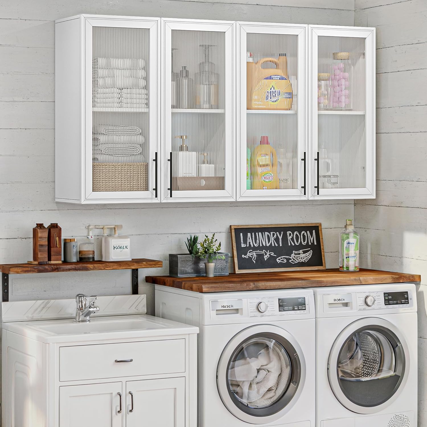 FIMELLO 59’’ Wall Cabinets for Laundry Room, Wall Cabinet with Acrylic Glass Doors and Shelf, Bathroom Wall Cabinet, Hanging Cabinet for Kitchen, Bathroom, Laundry Room Cabinets, White