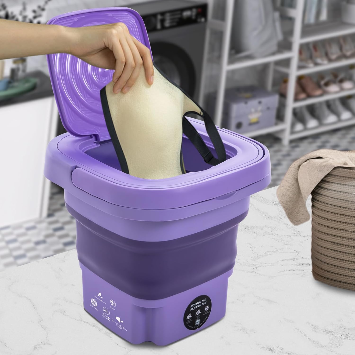 8 L Portable Mini Washing Machine, Foldable Washer and Spin Dryer with Drainage Basket, Electric Collapsible Washing Machine for Apartment Camping, RV, Travel, Underwear, Socks (Purple)