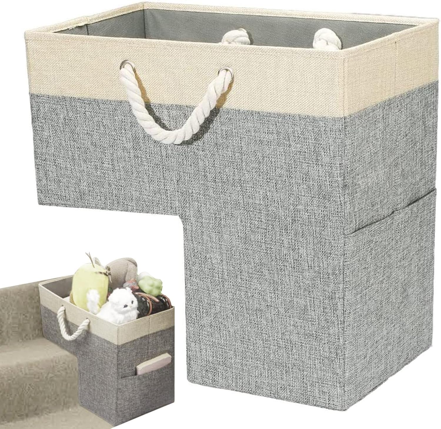 Stair Flax Step Storage, Stair Basket For Wooden Stairs, Stair Storage Basket With Rope, Laundry L-Shaped Organizer Basket, Durrable Staircase Storage Organizer for Home Carpeted Stairs
