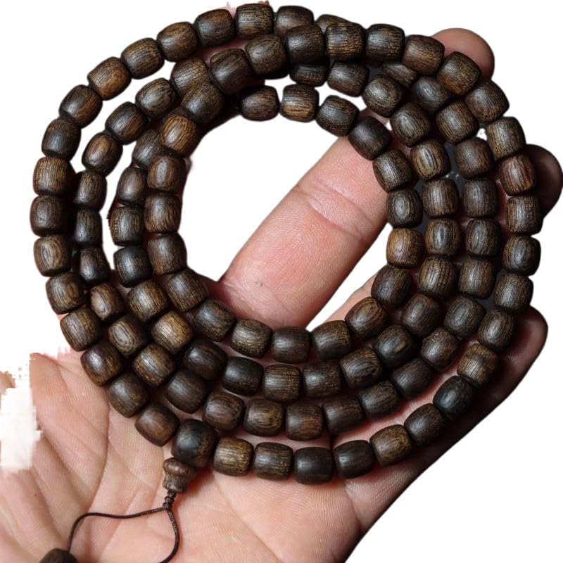 Hainan Soft-Fiber Black Agarwood 8mm*108 Beads Barrel-Shaped Old Wood Dominant Aroma with Bold, Outward-Projecting Scent Distinctive Grain Pattern
