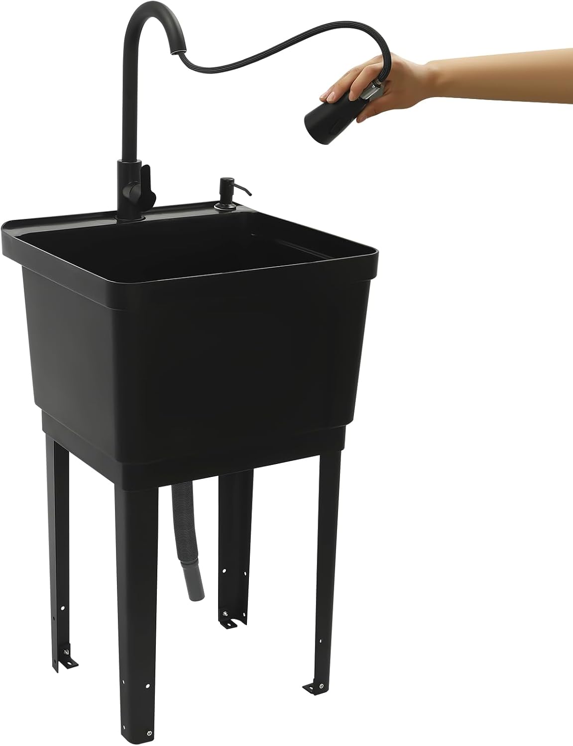 Freestanding Laundry Sink With Stainless Steel Pull Down Faucet 19.69 * 18.9 * 33.07 in Space Saving Laundry Tub, Freestanding Wash Station for Laundry Room, Garage, Basement (Black)