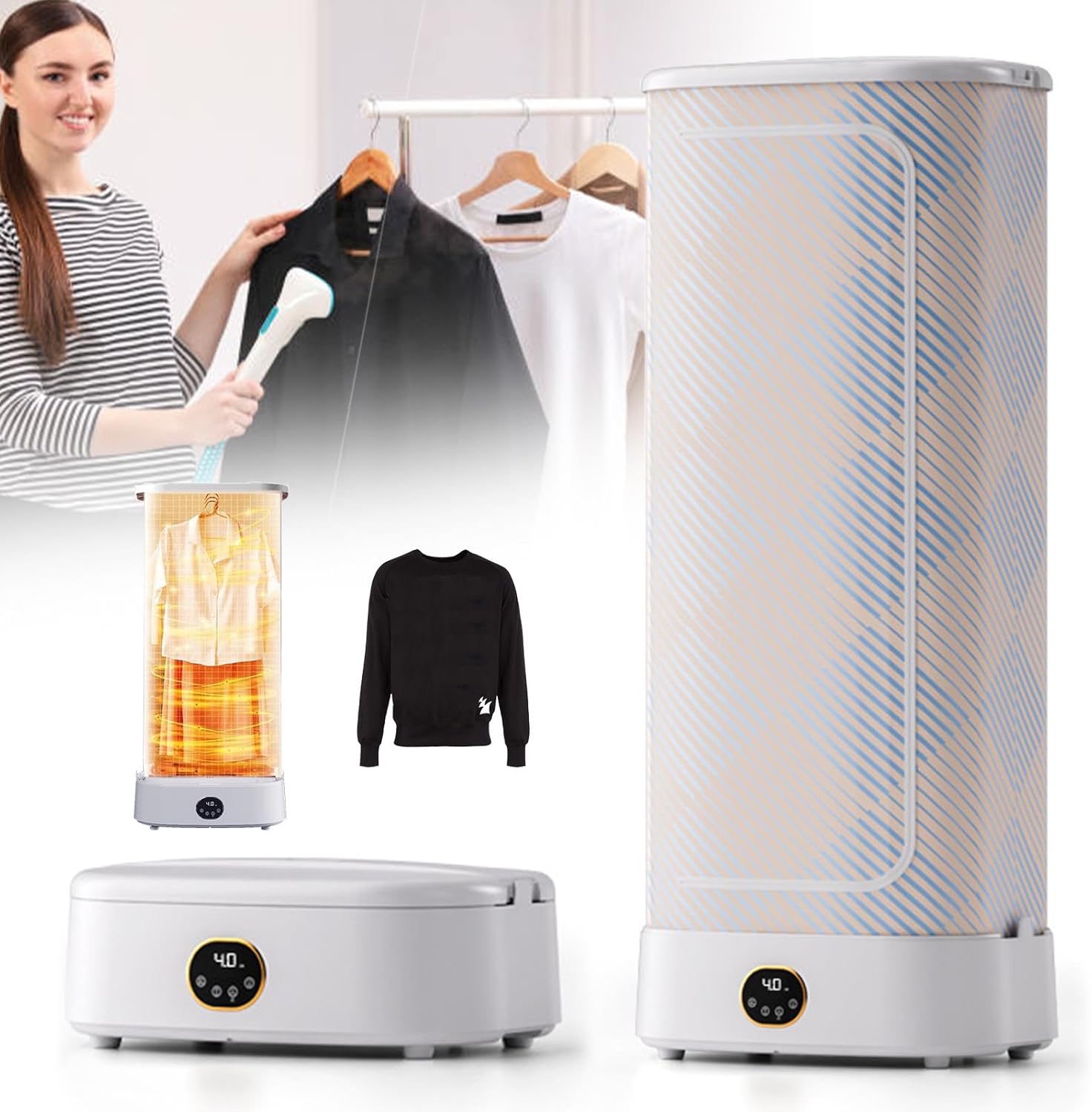 Portable Dryer Machine, Foldable Clothes Dryer Rack with 4H Timer & Steam Ironing Function, Quickly Drying Hanging Dryer for Light Clothes, Underwear