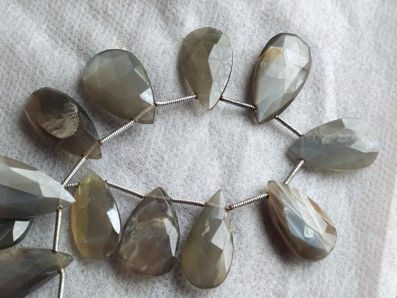 8 inch Strand of Natural Gray Moonstone 14-30 mm Oval Faceted briolette Beads for DIY Jewelry Making. |BRIO_03579