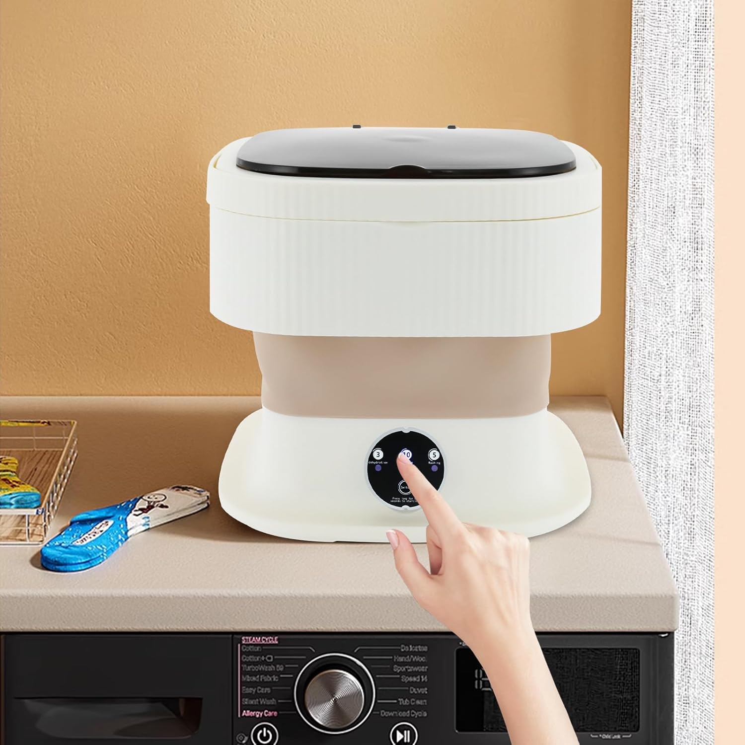 Xuthusman Portable Washing Machine,10 L Foldable Mini Washer with Turbine Core 3 Wash Modes for Apartments Travel Dorms RV Lightweight Compact Laundry for Underwear Socks(Khaki)