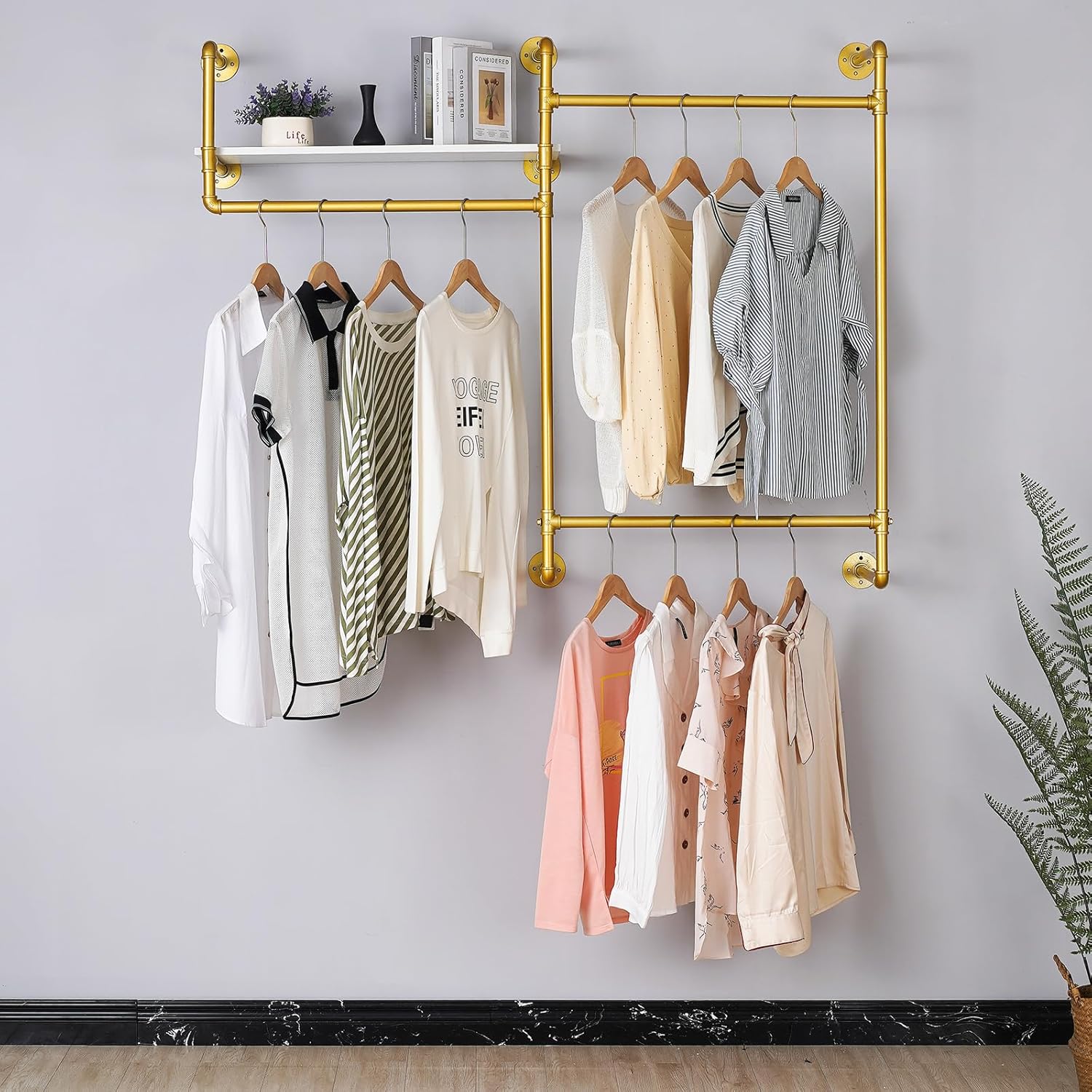 Gold Wall-Mounted Clothing Rack – Industrial Strength Pipe Garment Rack with Wooden shelf, 58