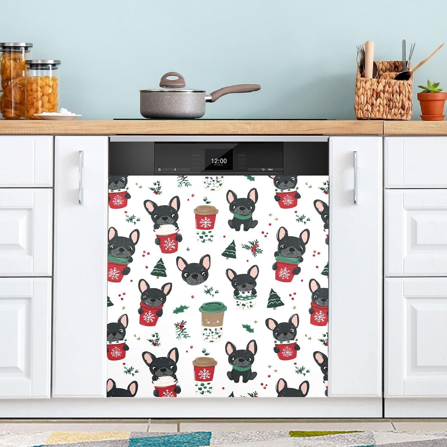 Pfrewn Christmas Winter Magnetic Dishwasher Cover Xmas Christmas French Bulldogs (8) Fridge Door Covers Kitchen Decal Vinyl Panel Decorative Refrigerator Laundry Appliances 23x26in