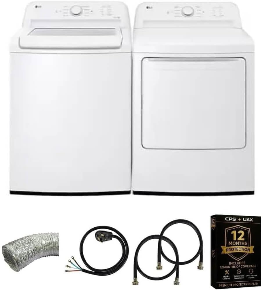 LG White Top Load Smart Washer and 7.3 cu ft Ultra Large Capacity Rear Control Electric Dryer Pair Energy Star Sensor Dry FlowSense Smart Diagnosis Hoses Vent Duct and 1 Year CPS Protection