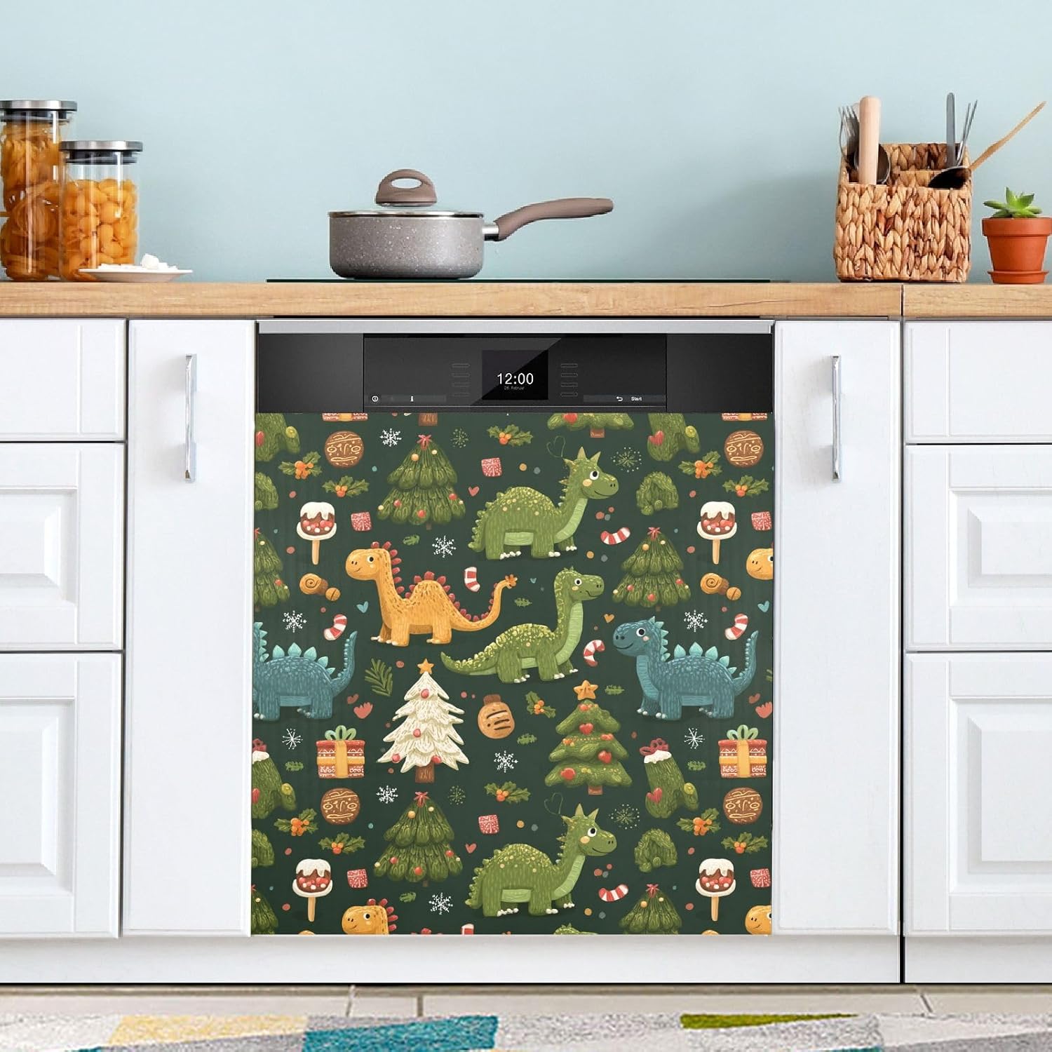 Pfrewn Christmas Winter Magnetic Dishwasher Cover Christmas Festive Dinosaurs Tree Fridge Door Covers Kitchen Decal Vinyl Panel Decorative Refrigerator Laundry Appliances 23x26in