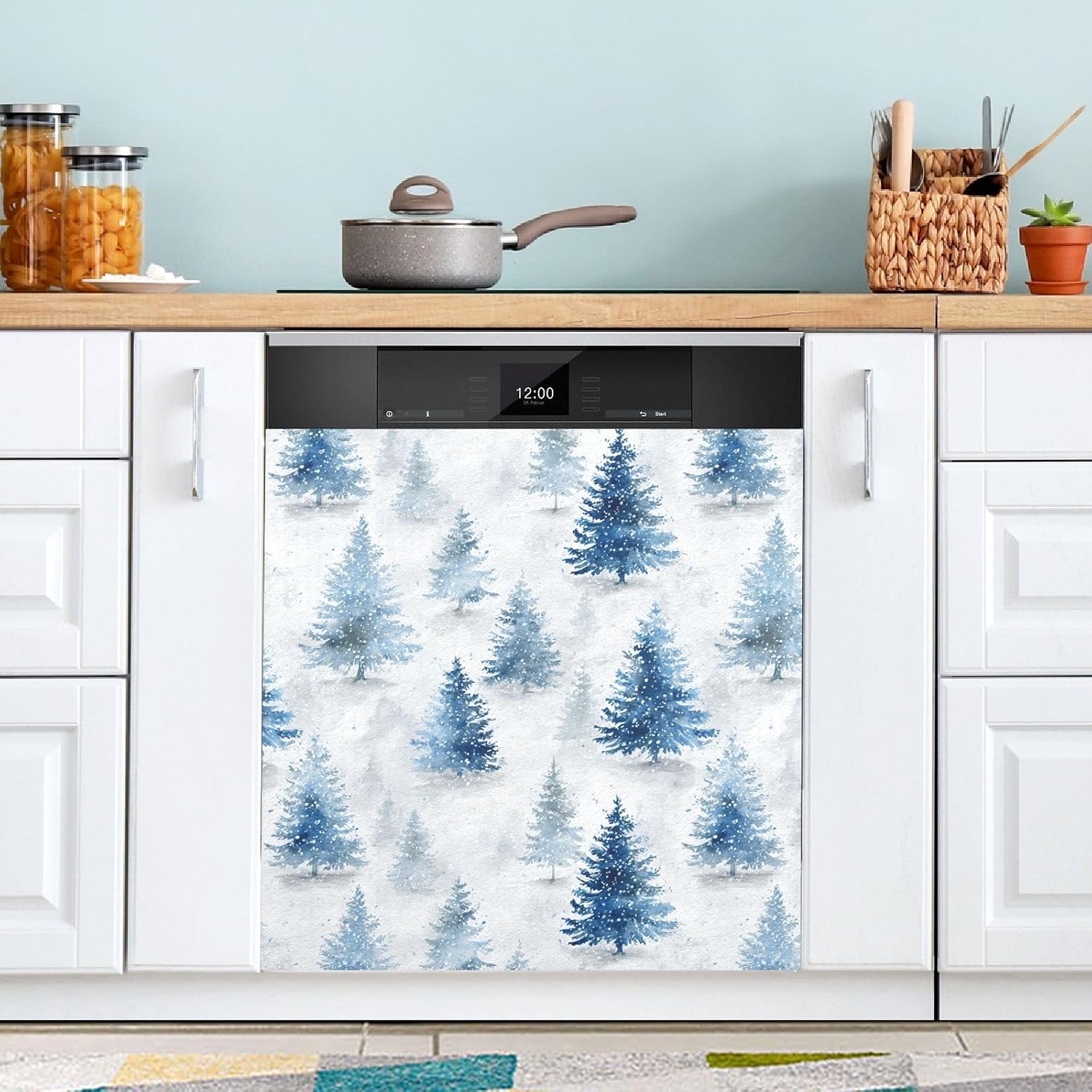 Pfrewn Christmas Winter Magnetic Dishwasher Cover Christmas Tree Watercolor Blue (2) Fridge Door Covers Kitchen Decal Vinyl Panel Decorative Refrigerator Laundry Appliances 23x26in
