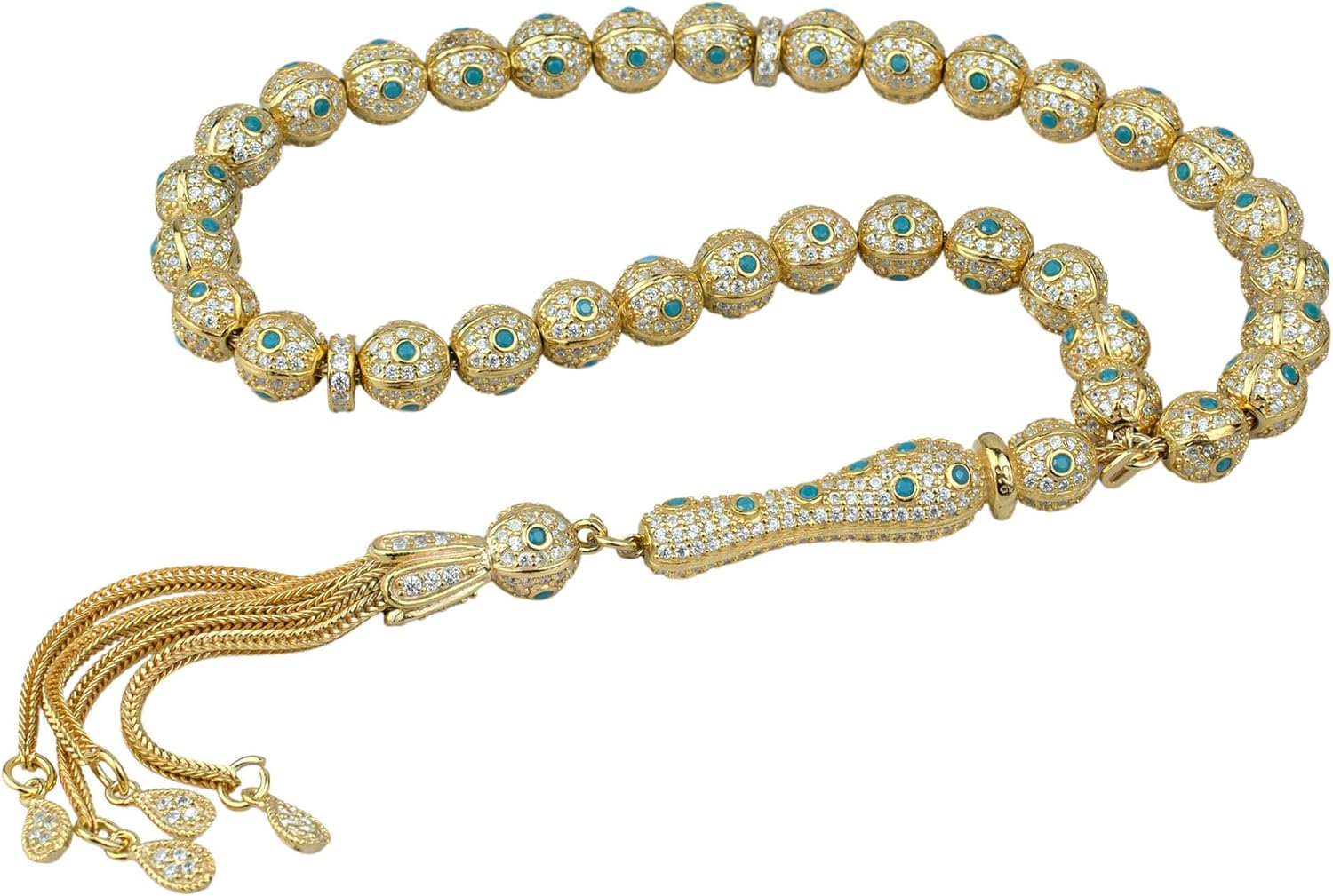 Filigranist Gold Plated 925 Sterling Silver Red Turquoise Green Zirconia Paved Round Beads Tasbih Misbaha Rosary Worry Beads (Turquoise)