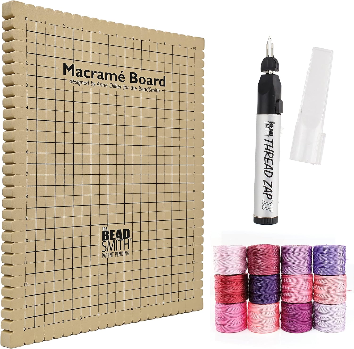 The Beadsmith Mini Macrame Kit - Bead Board 11.5 x 15.5 inches - Thread Zap II - 5.25” Thread Burner - S-Lon Cord #18 Cord, Multipack with 4 Spools – for Macrame and Knotting Jewelry Projects