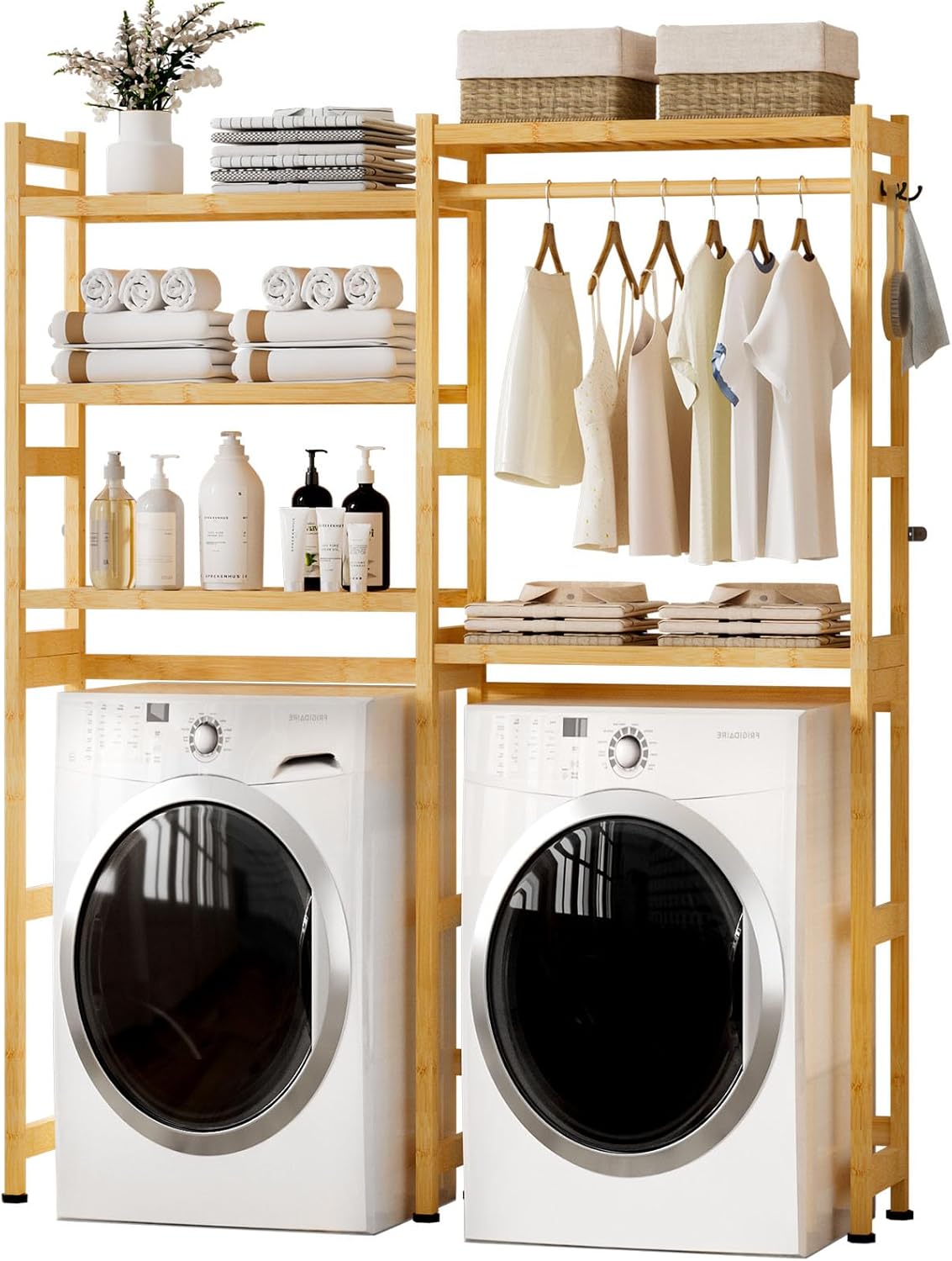 Over The Washer and Dryer Storage Shelf Bamboo,5 Tiers Laundry Room Drying Rack with Adjustable Shelves and 4 Hooks,Space Saver Organizer for Hanging Clothes and Towels (Natural)