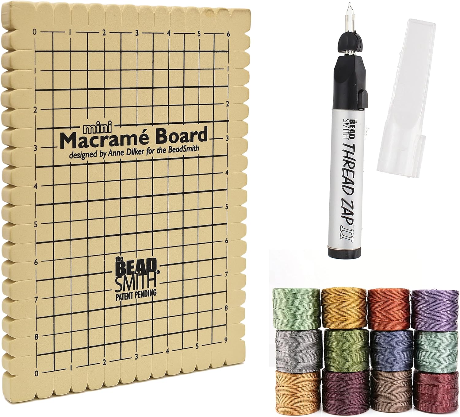 The Beadsmith Mini Macrame Kit - Bead Board 7.5 x 10.5 inches - Thread Zap II - 5.25” Thread Burner - S-Lon Cord #18 Cord, Multipack with 4 Spools – for Macrame and Knotting Jewelry Projects