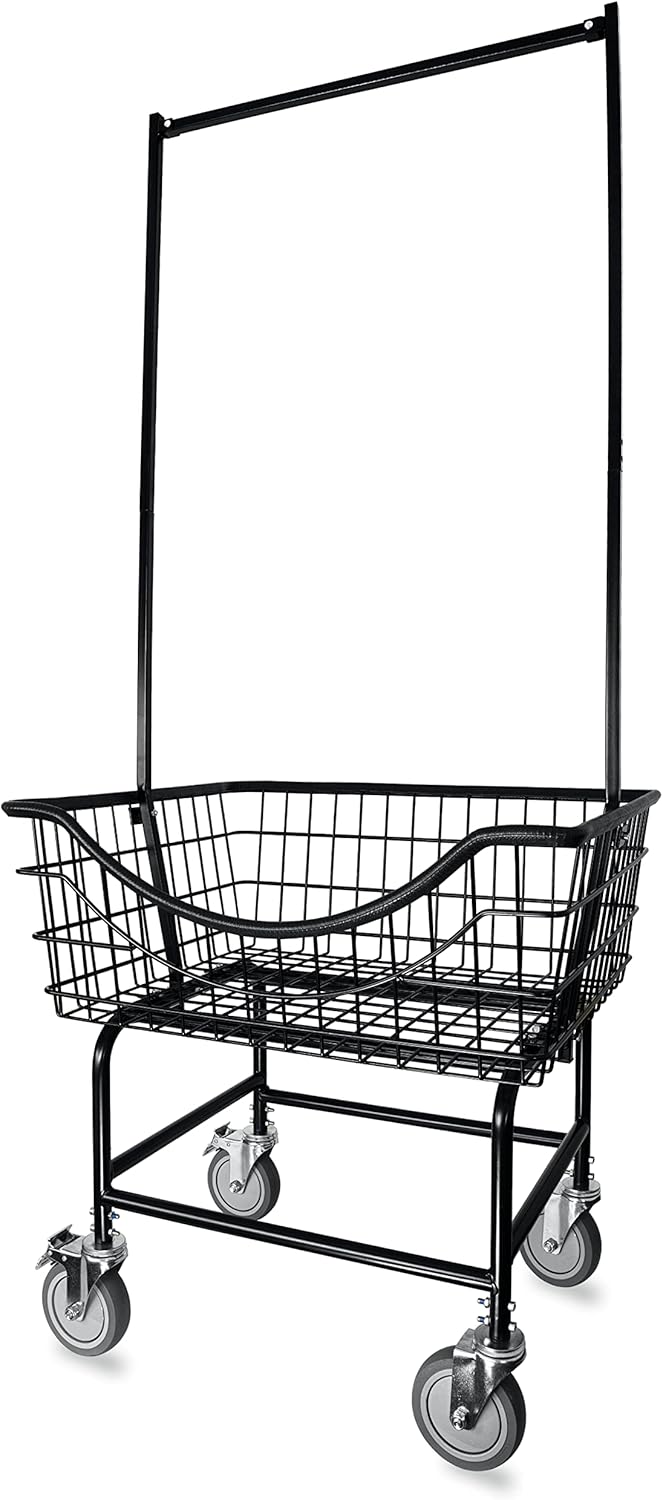 LVP Big Brother Commercial Laundry Cart with Dual Pole Rack 3.25 Bushels (Matte Black Vinyl Rust Coating, Extra Large)