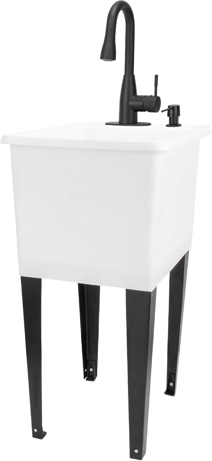 White Space Saver Utility Sink by JS Jackson Supplies, Freestanding Tehila Space Saving Laundry Tub, Black Pull-Down Faucet, Soap Dispenser
