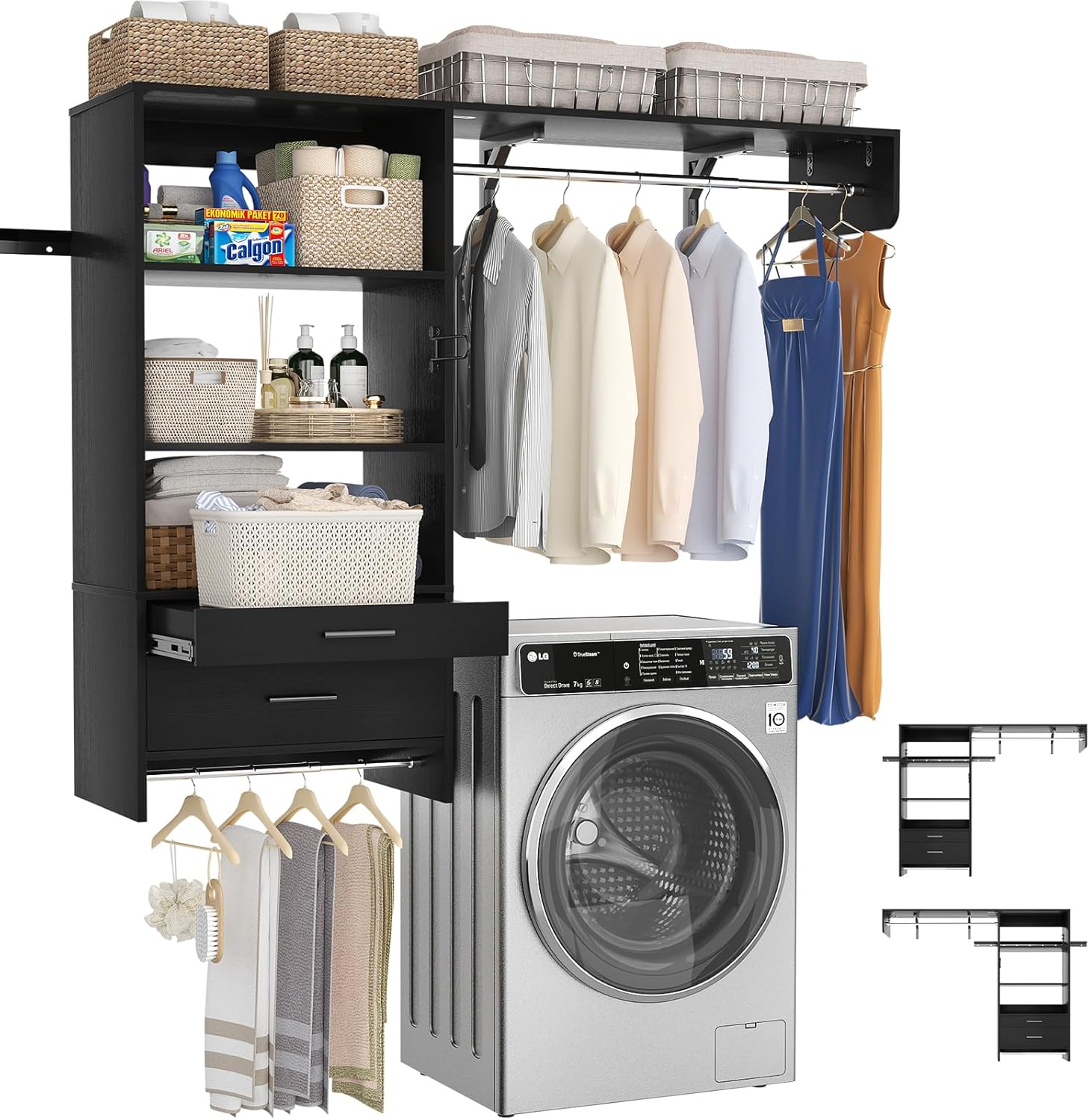 Wood Laundry Room Organizer System with Drawer, Wall Mounted Over Washer and Dryer Storage Shelves with Pull-Out Board & Hang Rods, Space Saver Clothes Drying Rack, Black