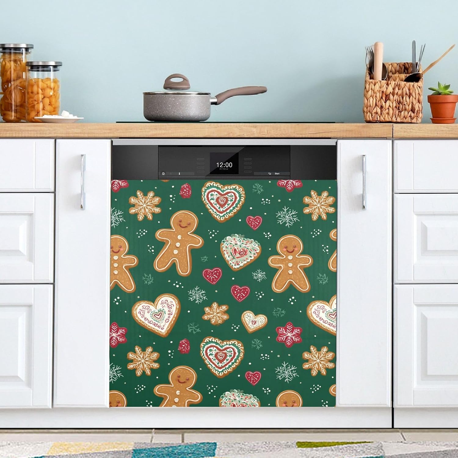 Pfrewn Christmas Winter Magnetic Dishwasher Cover Christmas Xmas Cute Gingerbread Man (4) Fridge Door Covers Kitchen Decal Vinyl Panel Decorative Refrigerator Laundry Appliances 23x26in