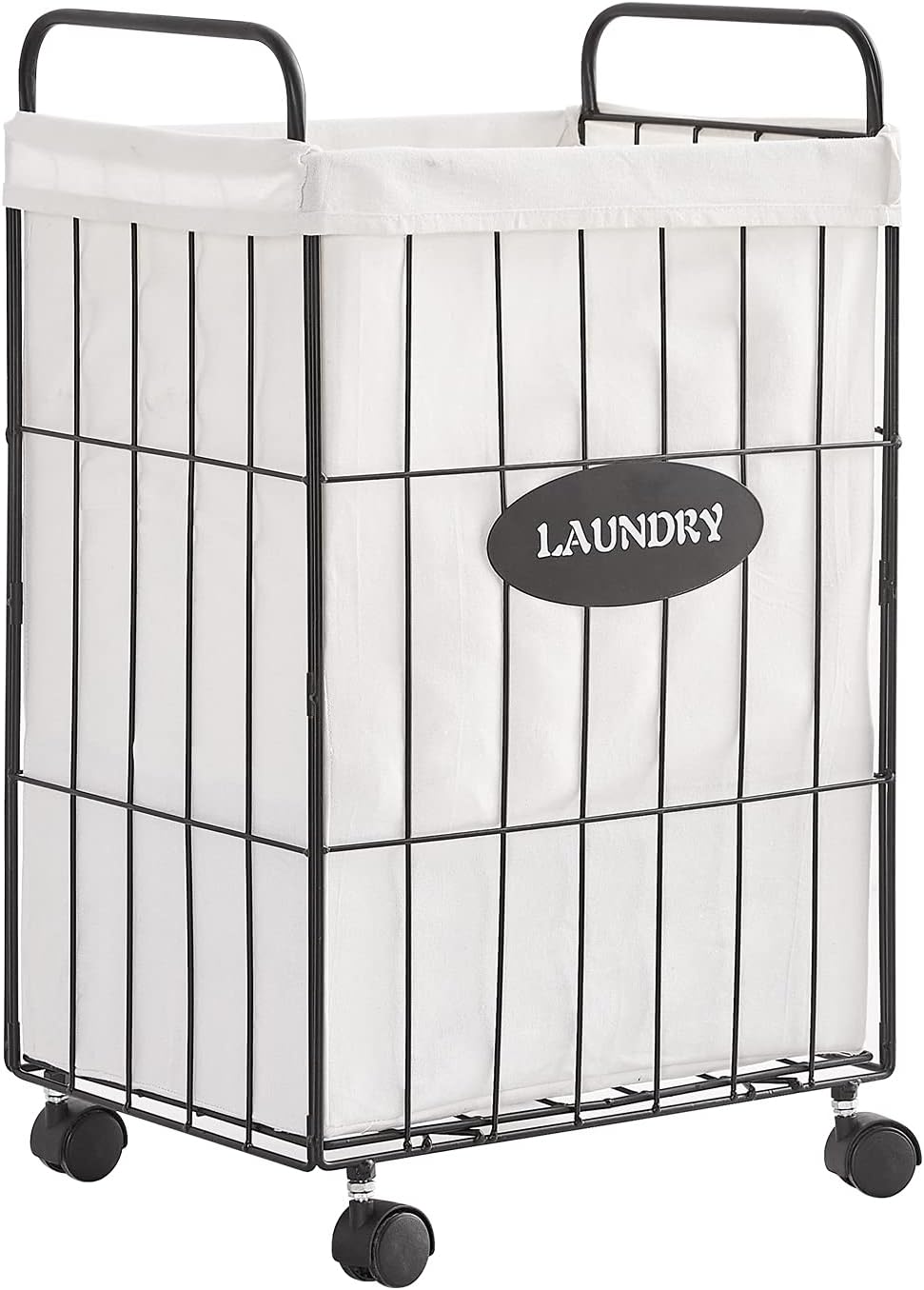 Mxfurhawa Iron Wire Laundry Hamper With Rolling Lockable Wheels, Folding Laundry Storage Basket with Handles,Detachable Liner Collapsible Dirty Laundry Cart Sorter Clothes Basket Organizer (23.6 inch)