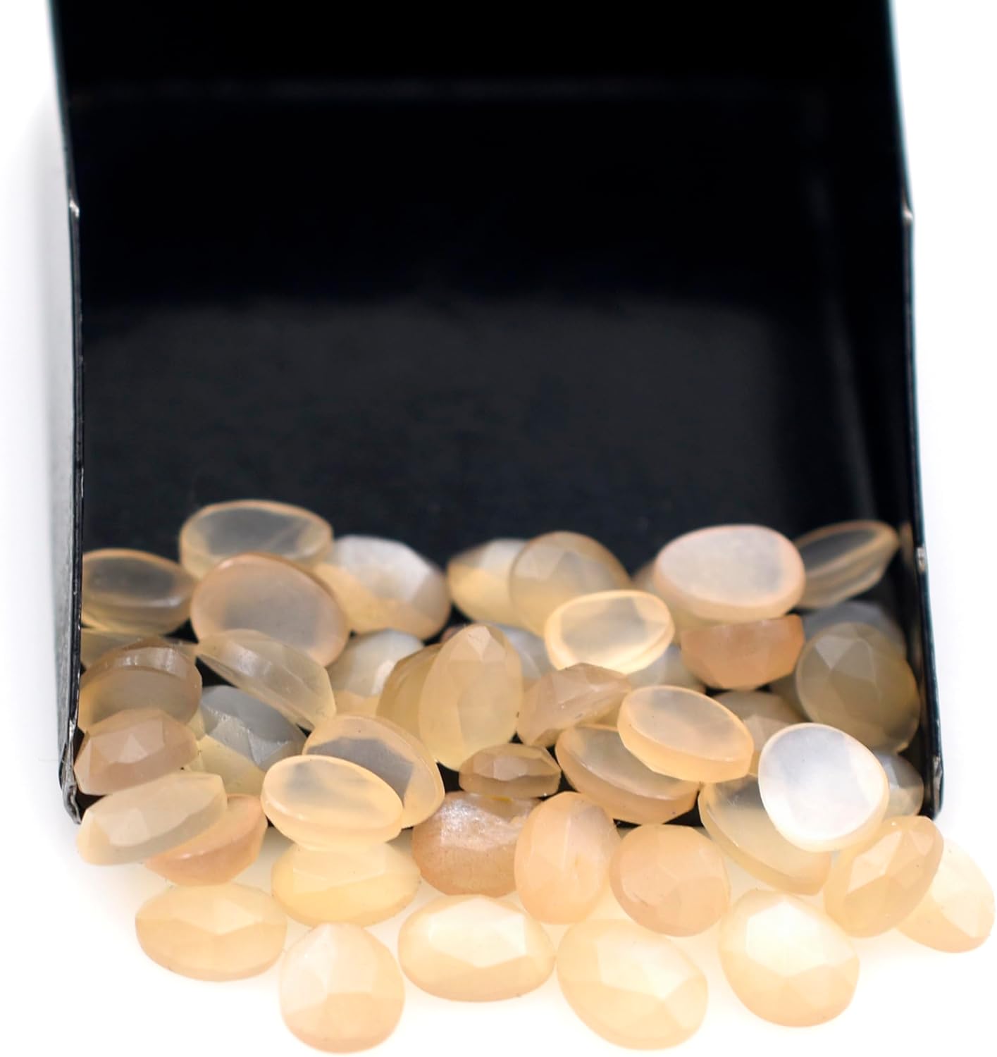 Peach Moonstone Loose Stone Beads Cabochon Brilliant Rose Cut Oval Shape 4X5 to 5X7 mm Flat Back Gemstone Drill Bead Making Jewelry Supply (Side Drill, 50)