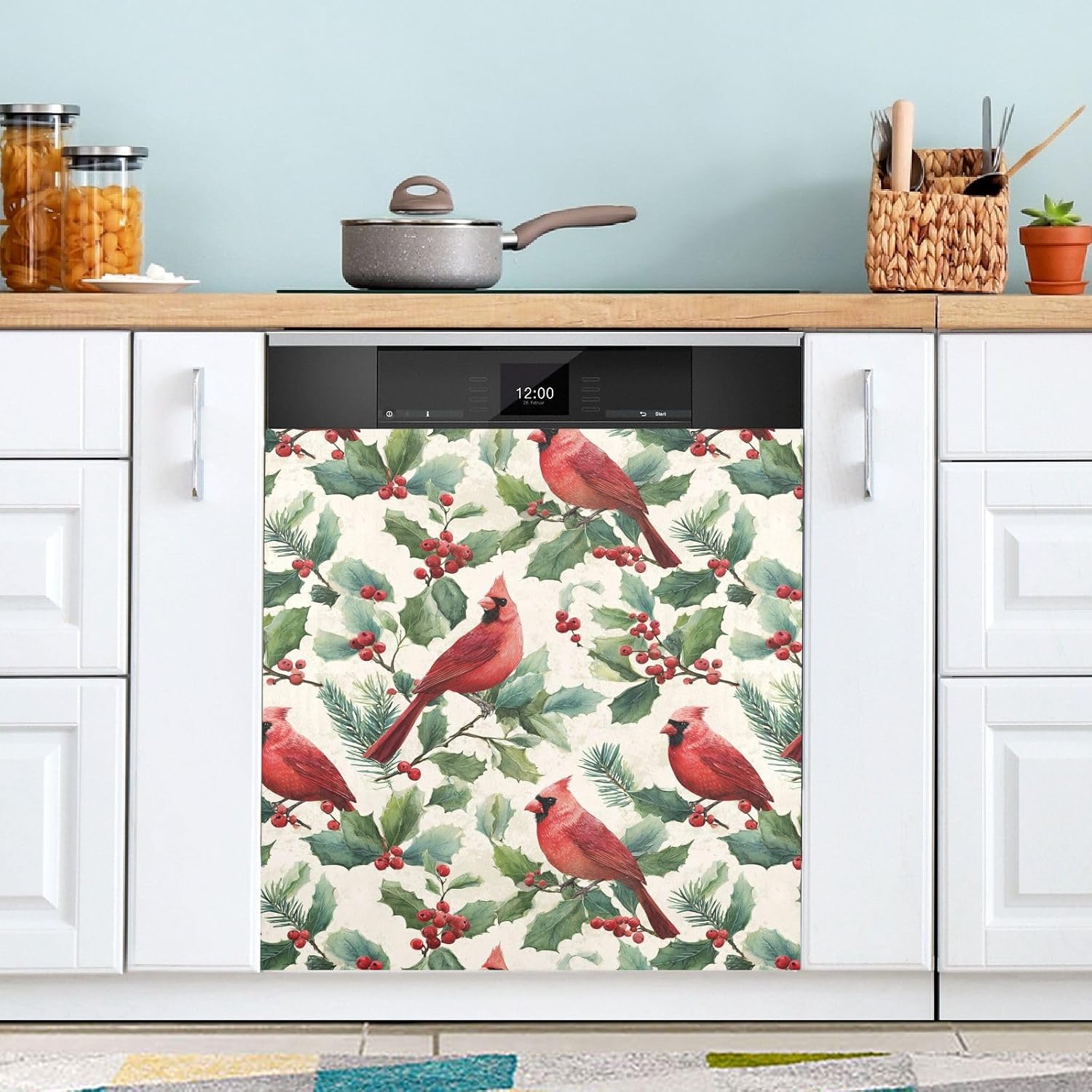 Pfrewn Christmas Winter Magnetic Dishwasher Cover Christmas Berry Cardinals Fridge Door Covers Kitchen Decal Vinyl Panel Decorative Refrigerator Laundry Appliances 23x26in