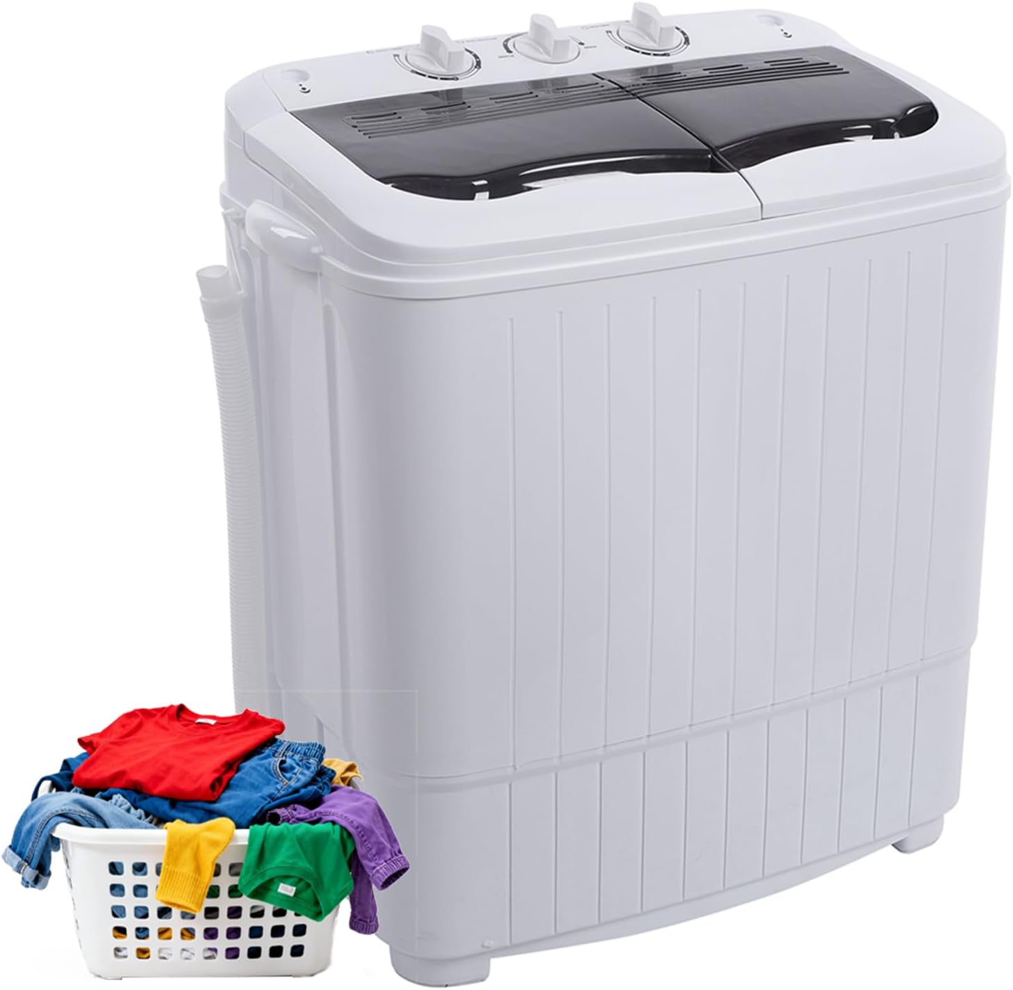 Portable Washing Machine for Apartments, 14.3 lbs Twin Tub Washer Mini Compact Laundry Machine with Drain Pipe, Semi-automatic 7.7 lbs Washer 6.6 lbs Spinner Combo for Dorms, RVs (White and Gray)