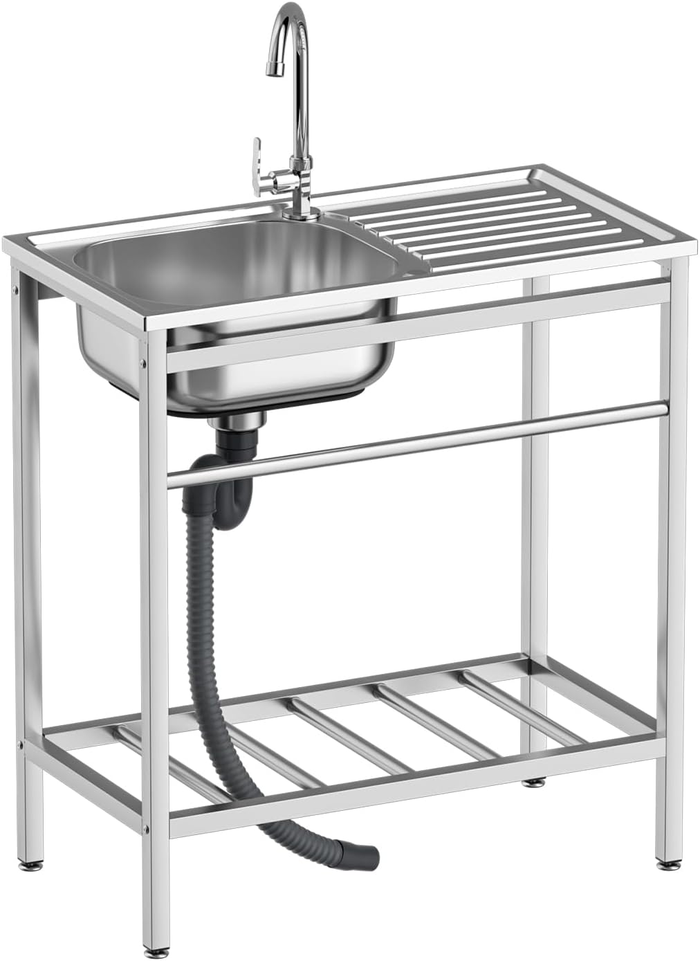 Free Standing Single Bowl Kitchen Sink, Stainless Steel Utility Sink with Dual-inlet Design Faucet for Kitchen, Garage, Backyard