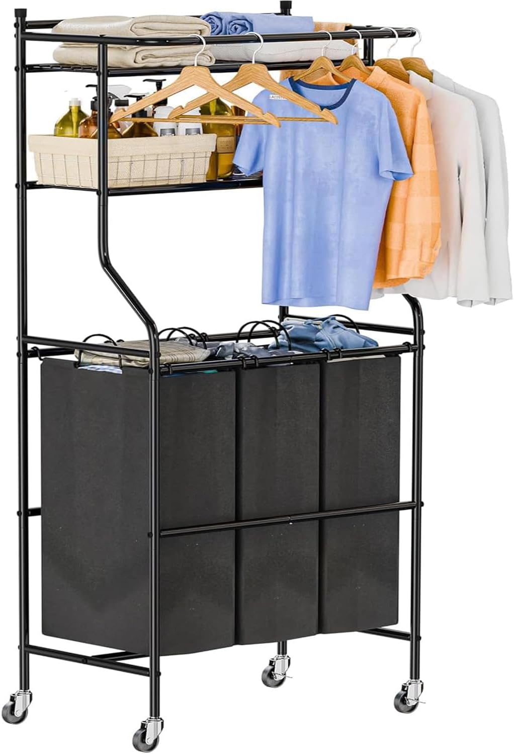 Laundry Hamper with Wheels, 42 Gal (160L) Rolling Laundry Sorter Cart with Shelf and Hanging Rack, 3 Section Basket Organizer, Black