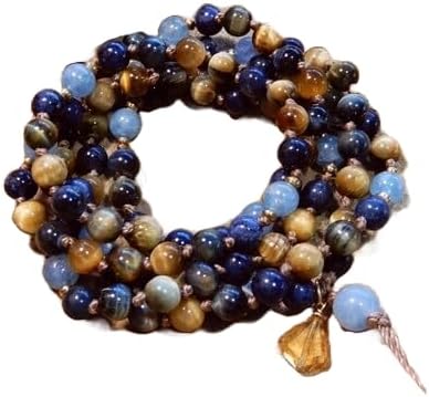 Blue Tiger Eye, Yellow Tiger Eye, Aquamarine, Blue Dumortierite Stone Mala Beads, 108 Mala Necklace, Knotted Mala, WWG Necklace, Yoga Jewelry Meditation Beads Spiritual Jewelry Boho Jewelry