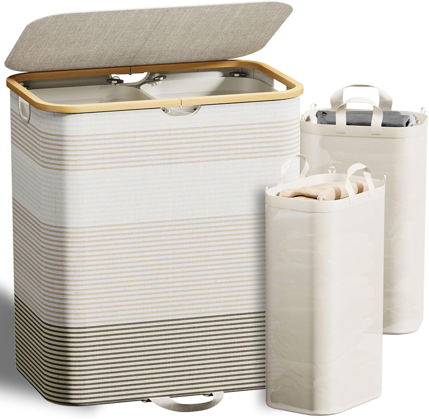 Double Laundry Hamper with Lid and Removable Bags, 150L Large Collapsible 2 Dividers Dirty Clothes Basket with Handles, Beige Double Laundry Basket Organizer for Bedroom,Laundry Room,College