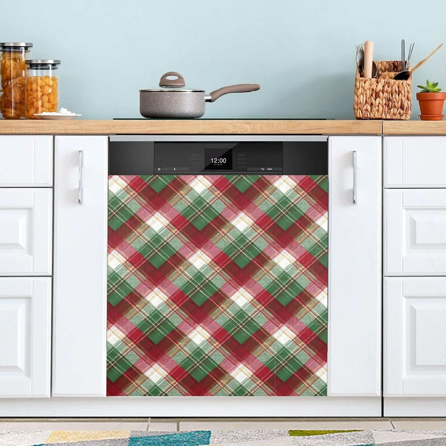 Pfrewn Christmas Winter Magnetic Dishwasher Cover Red Green Gold Christmas Plaid (1) Fridge Door Covers Kitchen Decal Vinyl Panel Decorative Refrigerator Laundry Appliances 23x26in