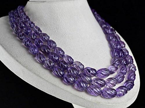 3 Line Natural Brazilian Amethyst Carved Beads Necklace 20 INCHES 20 MM to 11 MM