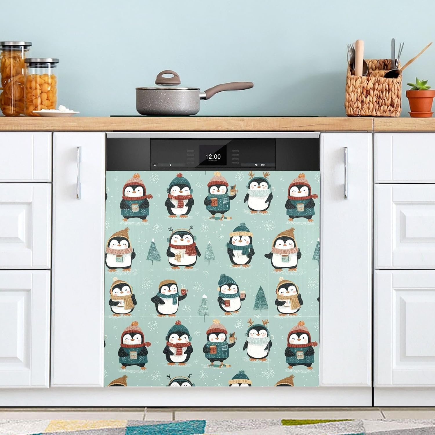 Pfrewn Christmas Winter Magnetic Dishwasher Cover Christmas Winter Cute Penguin (3) Fridge Door Covers Kitchen Decal Vinyl Panel Decorative Refrigerator Laundry Appliances 23x26in
