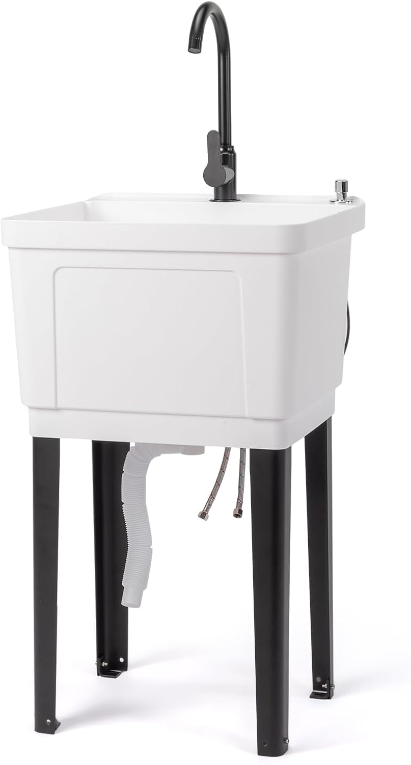 ROVSUN 21-Gallon Plastic Utility Sink, Freestanding Sink with Hot&Cold Faucet, Soap Dispenser, Drain Plug and Iron Legs, Perfect for Laundry Room, Garage, White, 19.7L
