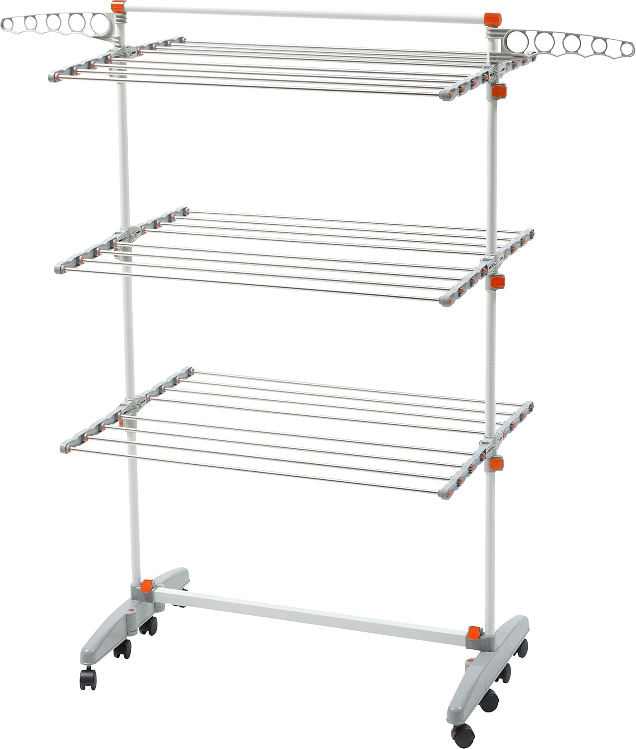 idee BDP-V23 Foldable Rolling 3-Tier Clothes Laundry Drying Rack with Stainless Steel Hanging Rods, Collapsible Shelves and Base for Easy Storage, Made-in-Korea, Premium Size, Orange