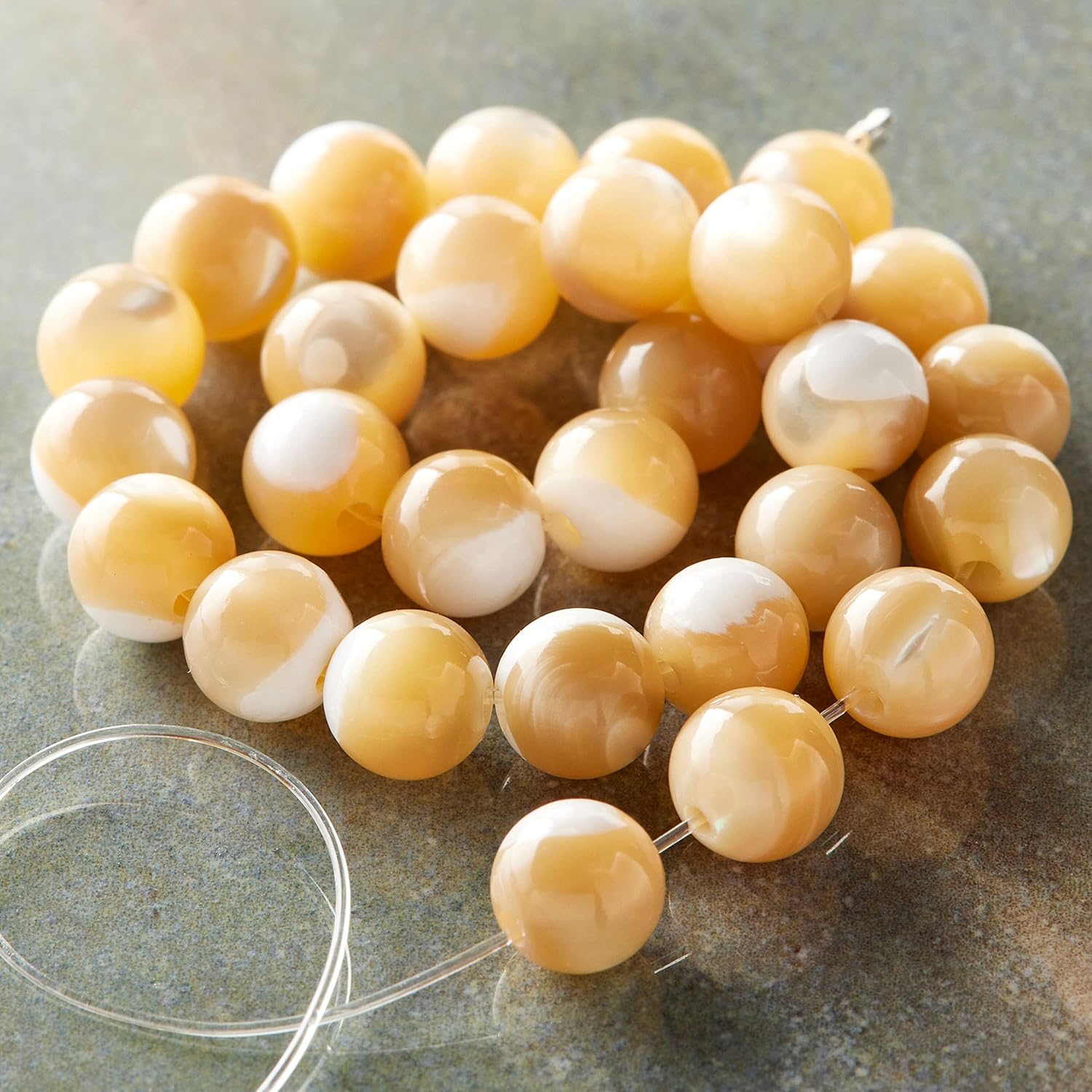Bead Landing Natural Amber Mother of Pearl Round Beads, 6mm, 12 Pack