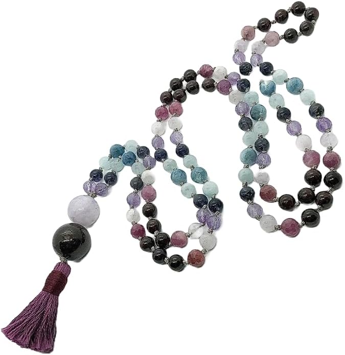 Natural aquamarine, ruby, garnet, iolite, amethyst 6mm-10mm 108 Mala Beads, Spiritual, Meditation Beads, Reiki, Japa Mala, Buddhist Prayer Beads, Yoga Bracelet, healing beads LKMALA-RRGU-459